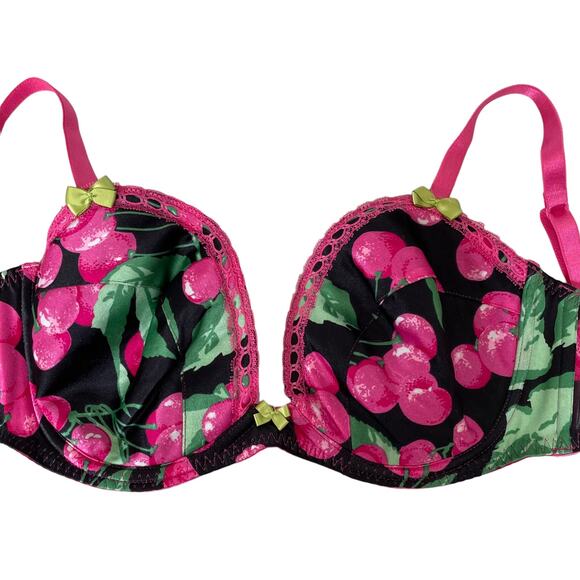 Victoria Secret Bra 34D Pink Cherry Print Black Underwire Vintage 2003 Y2K Tags - Picture 1 of 12